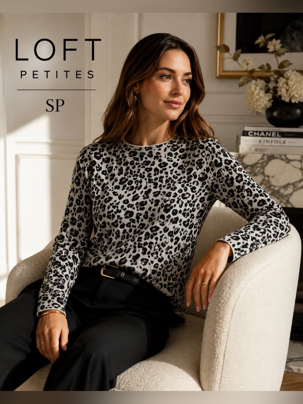 LOFT Petites Leopard Print Sweater SP Black White Animal Print Long Sleeve